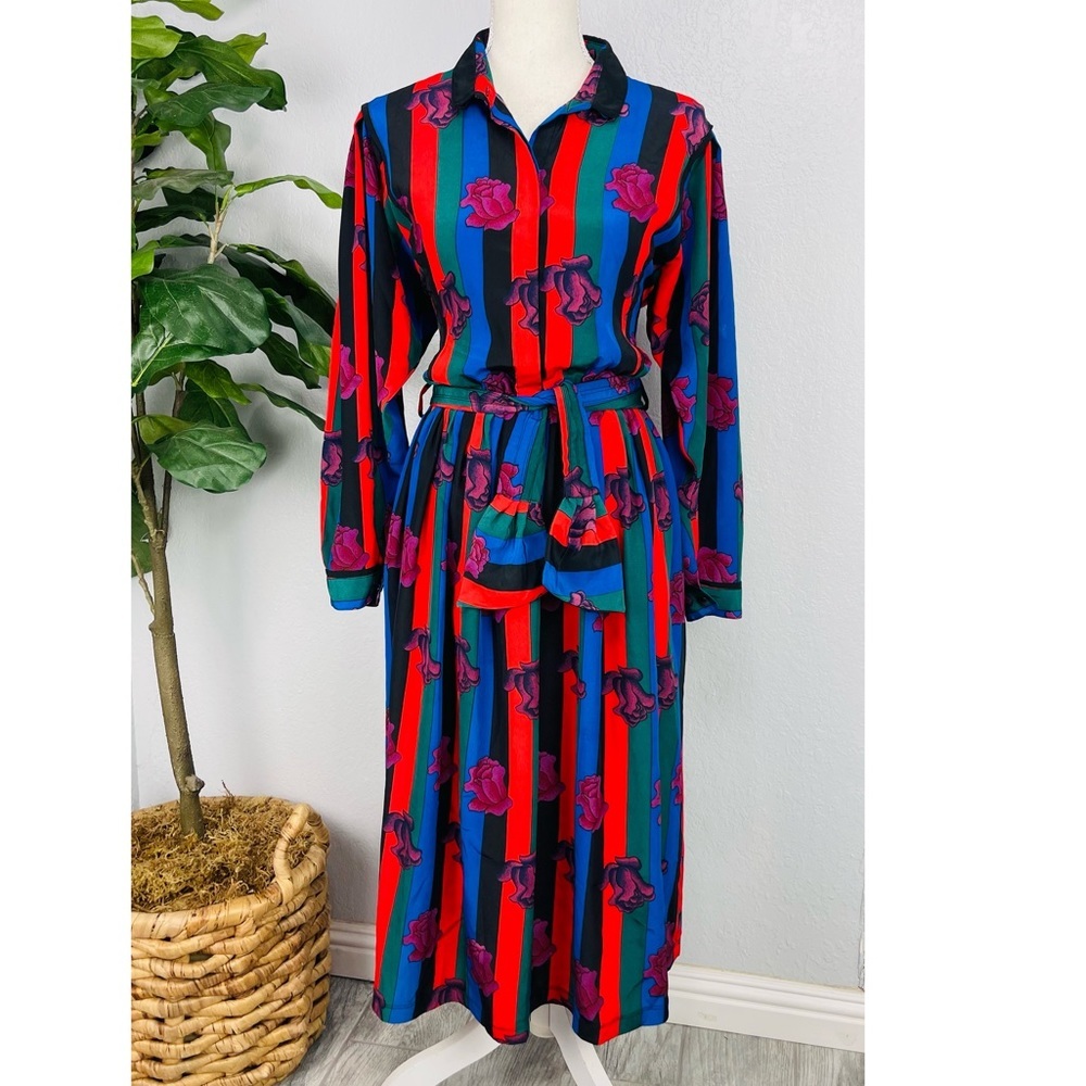 Vintage Stripe Floral Midi Long Sleeve Chiffon Pleated Button Down Shirt Dress